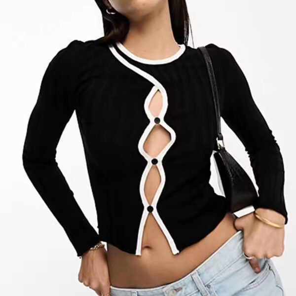Lady Slim Sexy Shirt Long Sleeve Button Placket Cut Out Front Fall Casual Knitted Clothes Women's Top