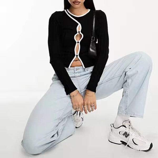 Lady Slim Sexy Shirt Long Sleeve Button Placket Cut Out Front Fall Casual Knitted Clothes Women's Top - Image 3